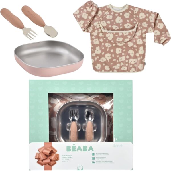 BÉABA Set de Alimentación para Bebé Savannah Bloom – Plato de Acero Inoxidable, Cubiertos y Babero +4M