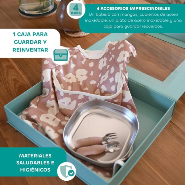 BÉABA Set de Alimentación para Bebé Savannah Bloom – Plato de Acero Inoxidable, Cubiertos y Babero +4M
