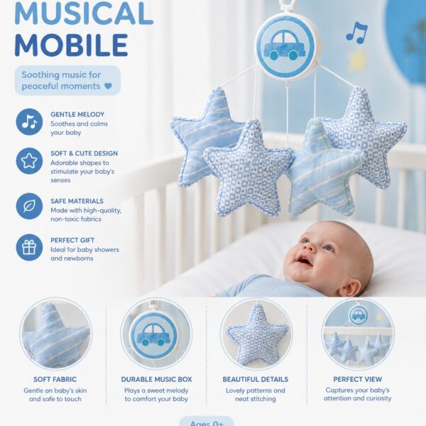 Móvil Musical para Cuna con Estrellas y Coche – Azul
