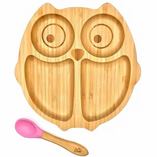 Plato Infantil de Bambú con Ventosa y Cuchara – Búho | Verde o Rosado