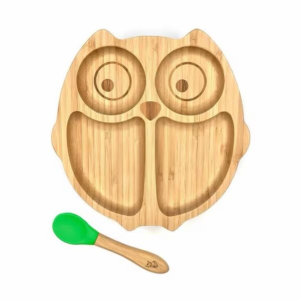 Plato Infantil de Bambú con Ventosa y Cuchara – Búho | Verde o Rosado