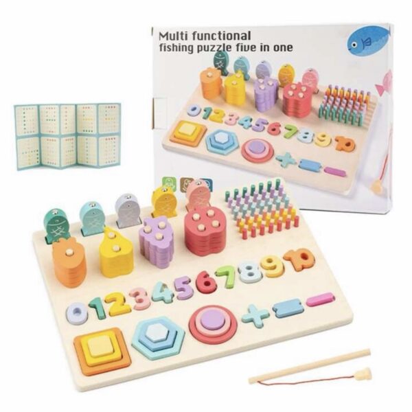 Tablero Montessori 5 en 1 de Madera – Juego Educativo de Pesca, Números, Formas y Matemáticas