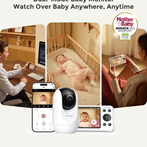 Monitor de Bebé Inteligente Momcozy BM04 WiFi con Cámara 1080P, Pantalla 5”, App, Visión Nocturna, Audio Bidireccional y Detección de Movimiento y Llanto