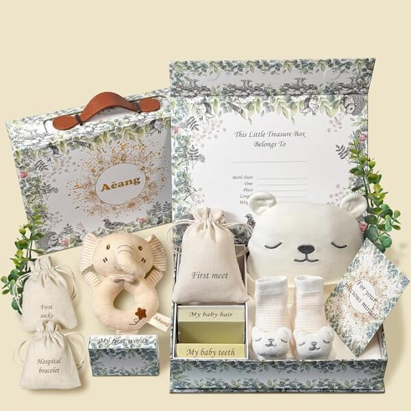 Set de Regalo para Bebé con Caja de Recuerdos | Gorro, Calcetines Sonajero y Juguete Sensorial | Ideal para Baby Shower