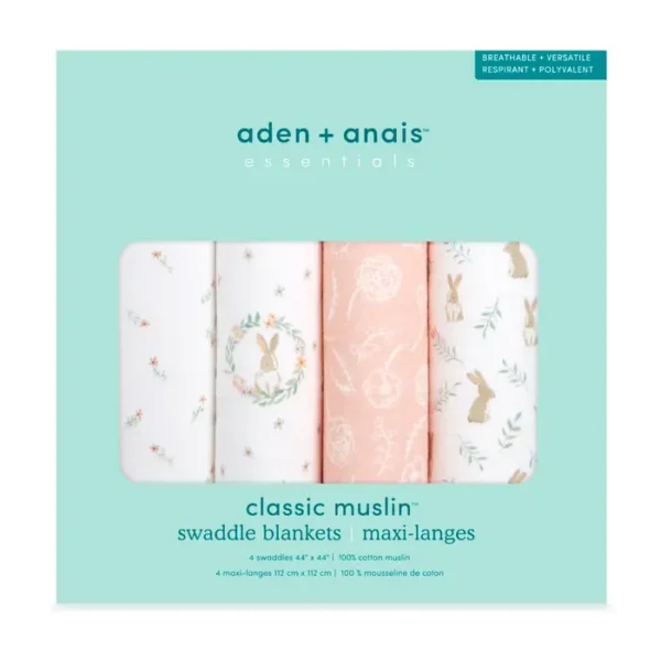 Set de 4 Mantas Muselina Aden + Anais Essentials Blushing Bunnies 112 x 112 cm | 100% Algodón