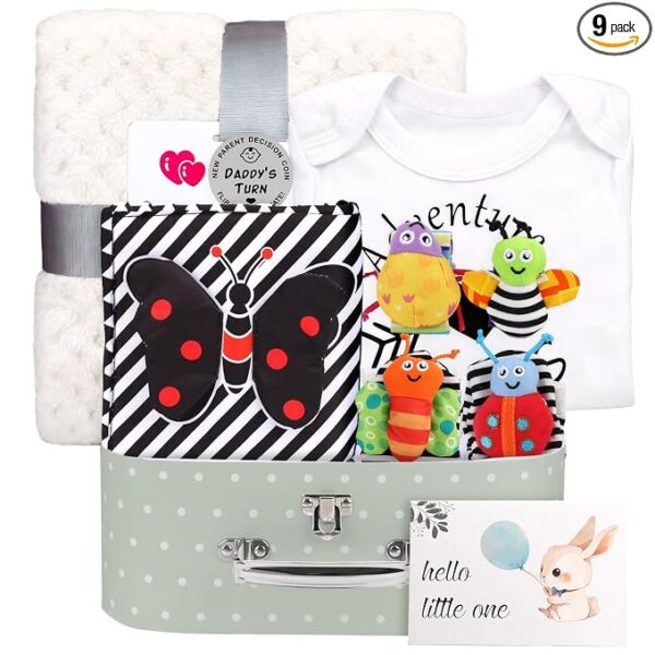 Set de Regalo para Bebé Recién Nacido Unisex | Mameluco de Alto Contraste, Manta, Sonajeros, Libro Sensorial y Caja de Regalo