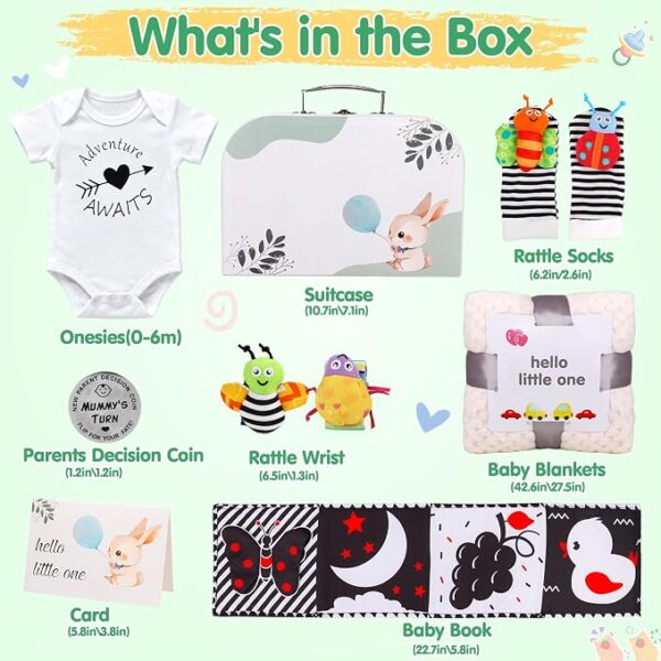 Set de Regalo para Bebé Recién Nacido Unisex | Mameluco de Alto Contraste, Manta, Sonajeros, Libro Sensorial y Caja de Regalo