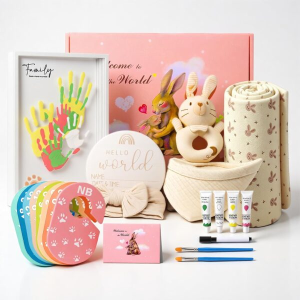 Set de Regalo para Bebé Recién Nacido 10 Piezas | Manta Muselina, Kit de Huellas, Sonajero, Babero, Tarjetas de Hitos y Caja de Regalo