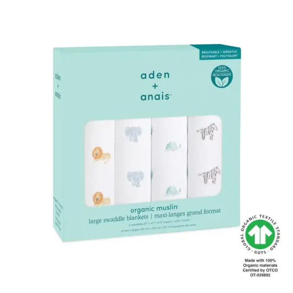 Set de 4 Mantas Muselina Orgánica Aden + Anais Animal Kingdom 120 x 120 cm | Algodón Orgánico Certificado GOTS