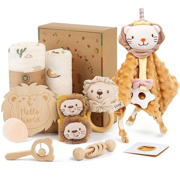 Set de Regalo para Bebé León 10 Piezas | Manta Muselina, Manta de Apego, Sonajeros de Madera, Cepillo y Accesorios para Recién Nacido