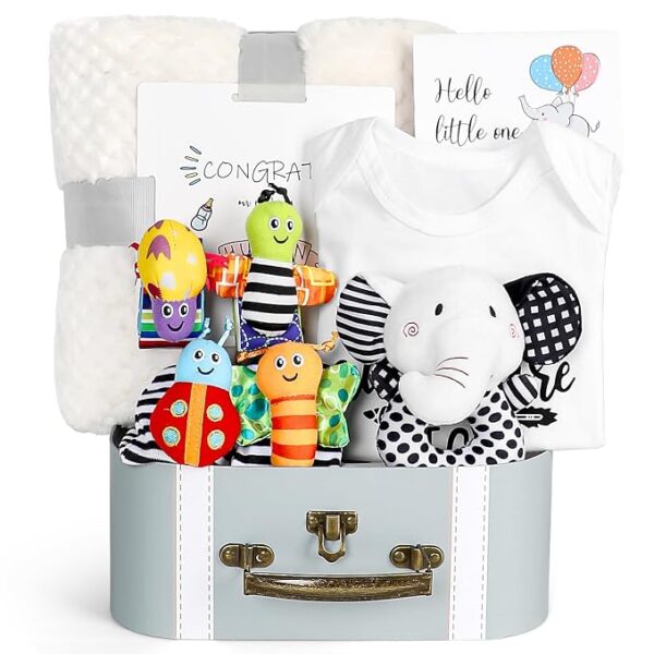 Set de Regalo para Bebé Recién Nacido | Juguetes Sensoriales Blanco y Negro, Body, Sonajeros y Calcetines | 0-6 Meses
