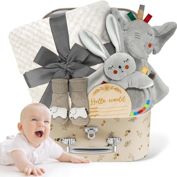 Set de Regalo para Bebé Niño 5 Piezas | Manta Suave, Sonajero, Elefante Sensorial, Calcetines y Tarjeta de Hitos