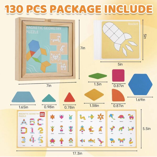 Juego Magnético de Bloques de Madera Montessori 130 Piezas | Tangram Educativo STEM con Tarjetas de Patrones para Niños de 4 a 8 Años