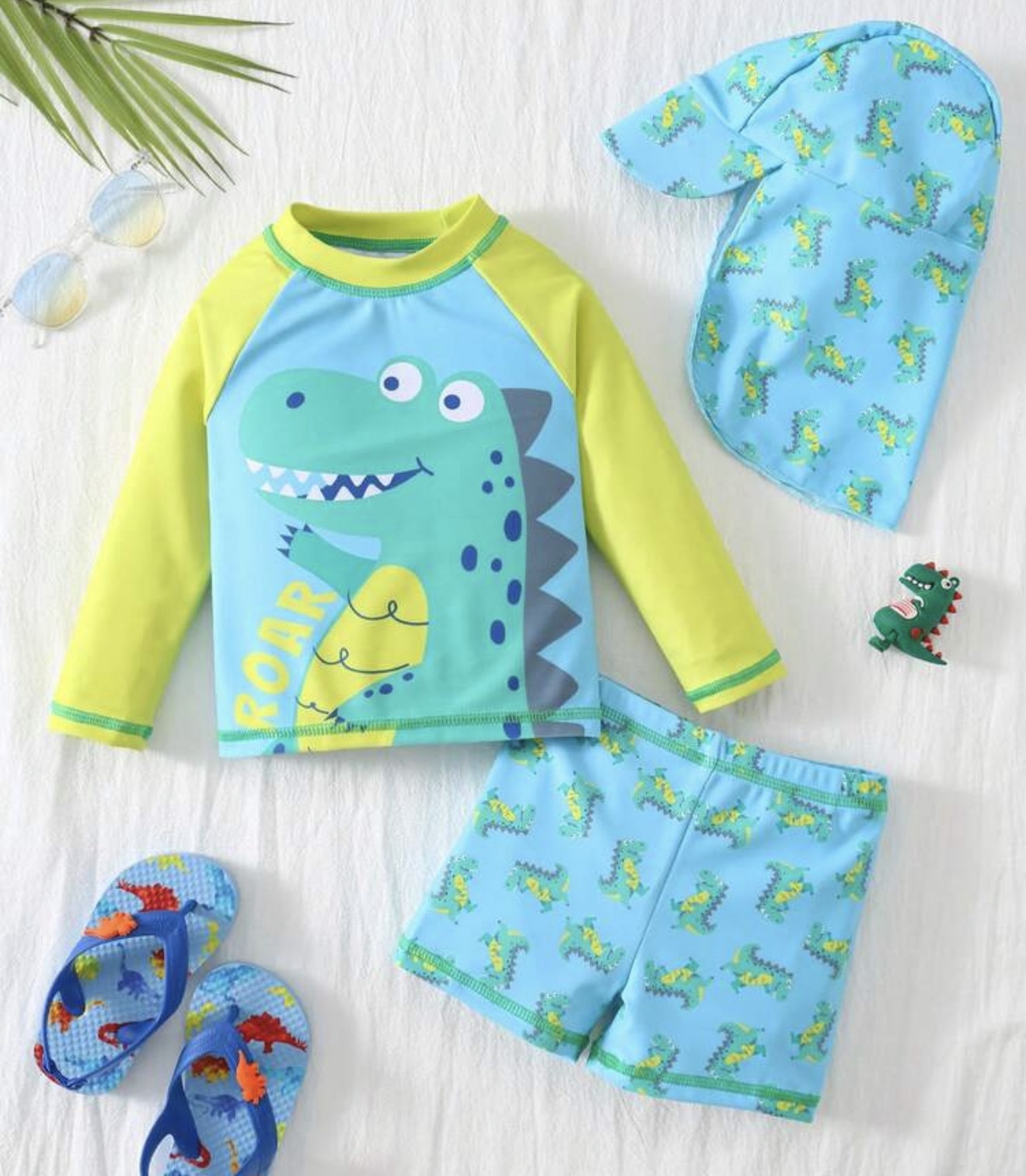 Set de Baño traje de baño para Niño 3 Piezas con Protección Solar talla 6-9 meses y de 9-12 meses– dinosaurio