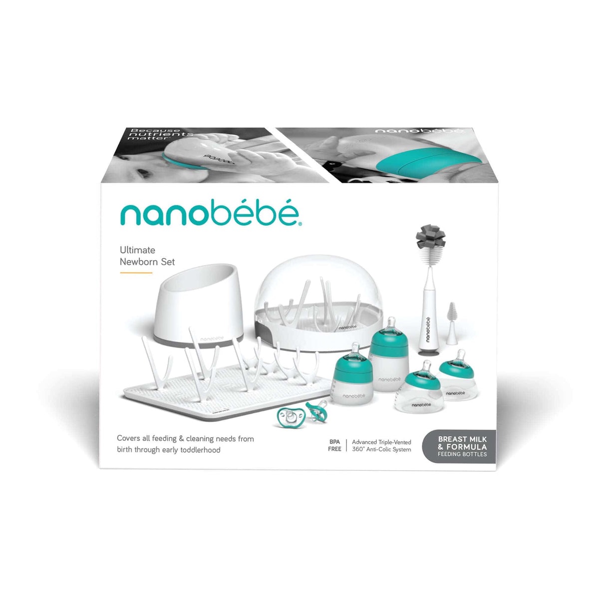 Set de Alimentación para Recién Nacido Nanobébé Ultimate Newborn – Biberones, Esterilizador y Accesorios, color verde agua