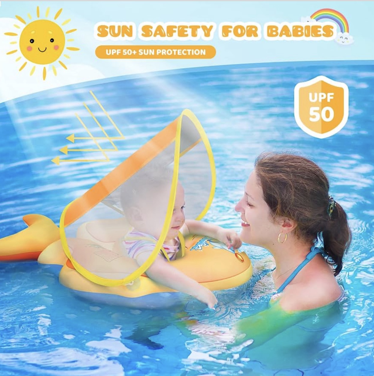No Flip Over Baby Pool Float con Canopy UPF50+, Flotador Inflable para Bebé con Soporte Seguro y Juguetes Acuáticos, Ideal para Piscina (3-36 Meses), naranja